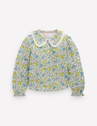 Collared Slub Top-Pear Green Flowerbed-2