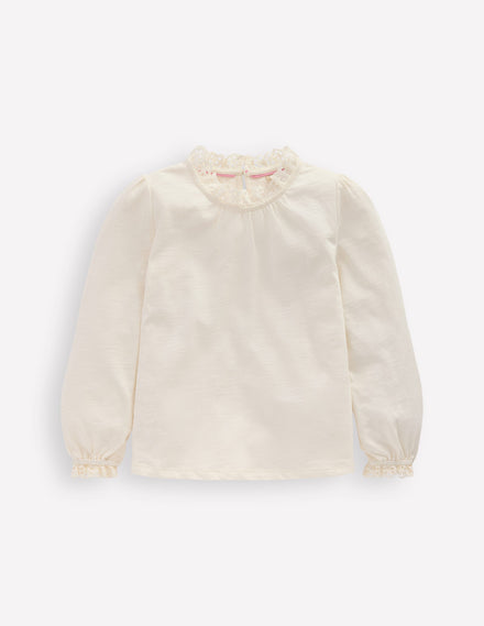 Broderie Trim Jersey Top-Soft Ivory