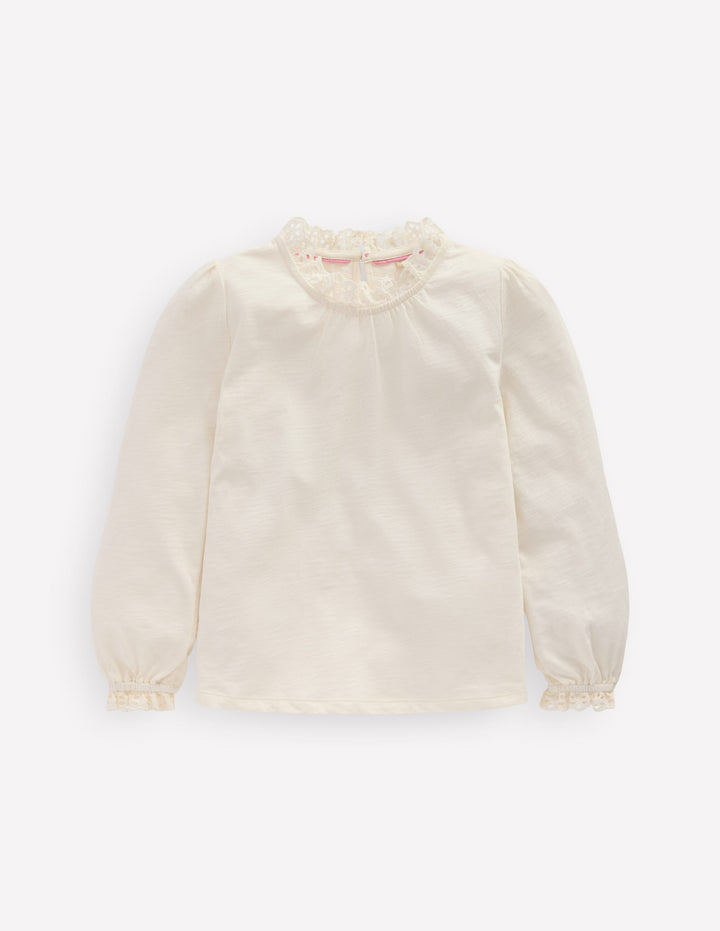 Broderie Trim Jersey Top-Soft Ivory