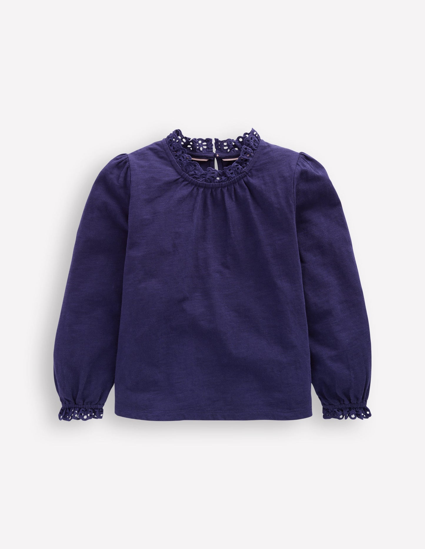 Broderie Trim Jersey Top-Starboard Blue