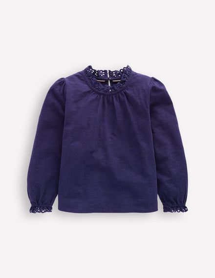 Broderie Trim Jersey Top-Starboard Blue