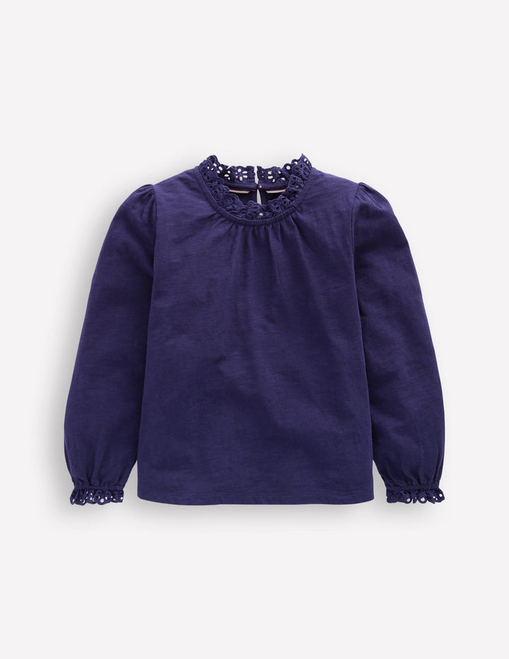 Broderie Trim Jersey Top-Starboard Blue