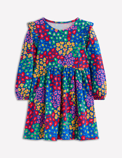 Posie Long Sleeve Jersey Dress-Bright Blue Rainbow Leopard-1