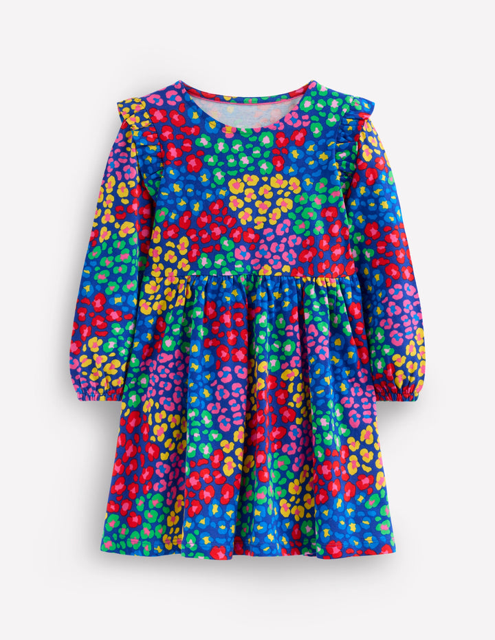 Posie Long Sleeve Jersey Dress-Bright Blue Rainbow Leopard