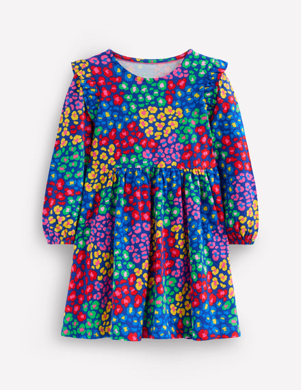 Posie Long Sleeve Jersey Dress-Bright Blue Rainbow Leopard