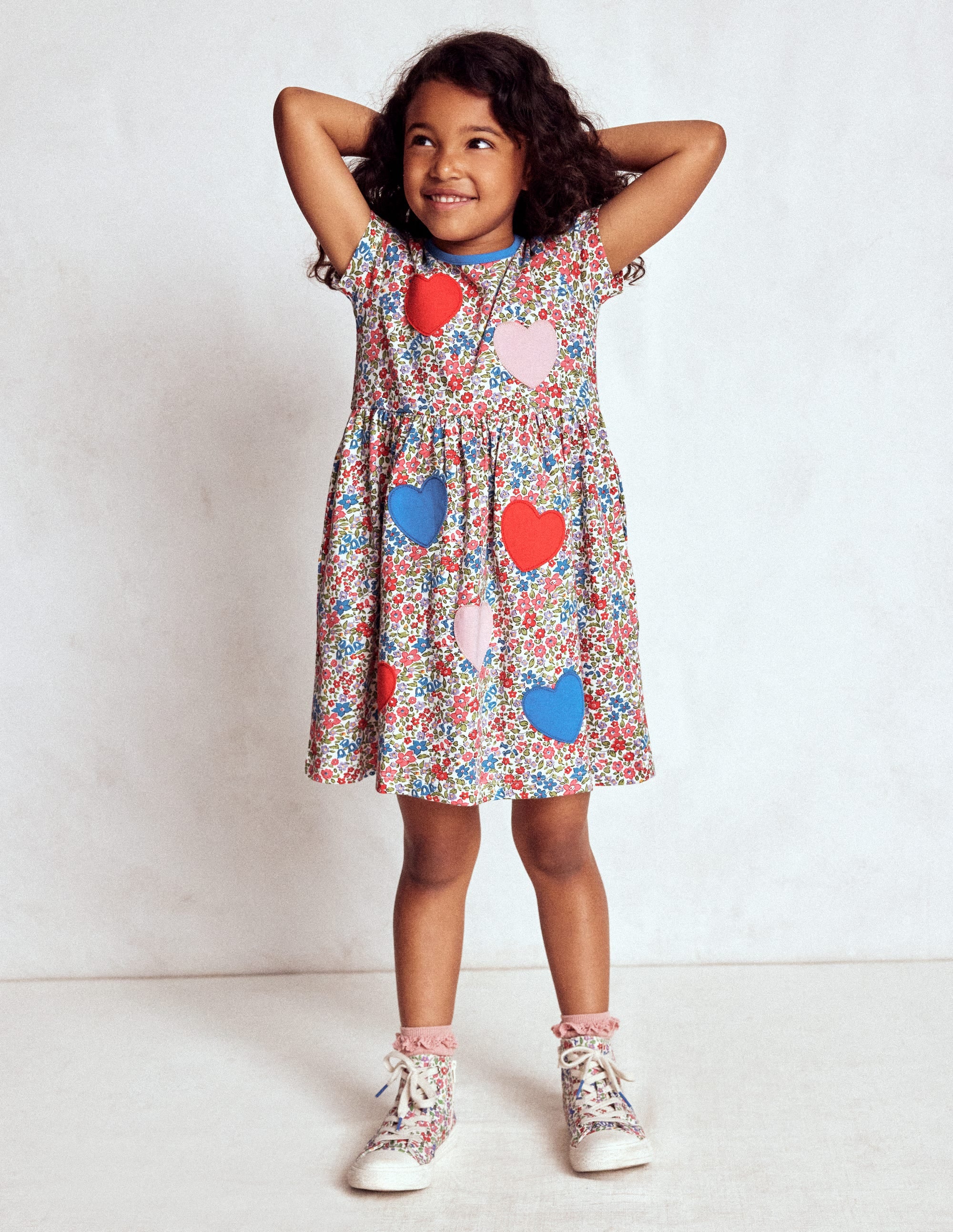 Appliqué  T-shirt Dress-Rose Pink Flowerbed Hearts - Image 3