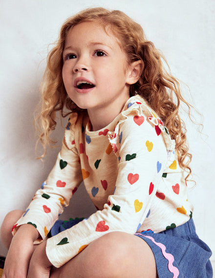 Frill Sleeve Slub Top-Rainbow Hearts