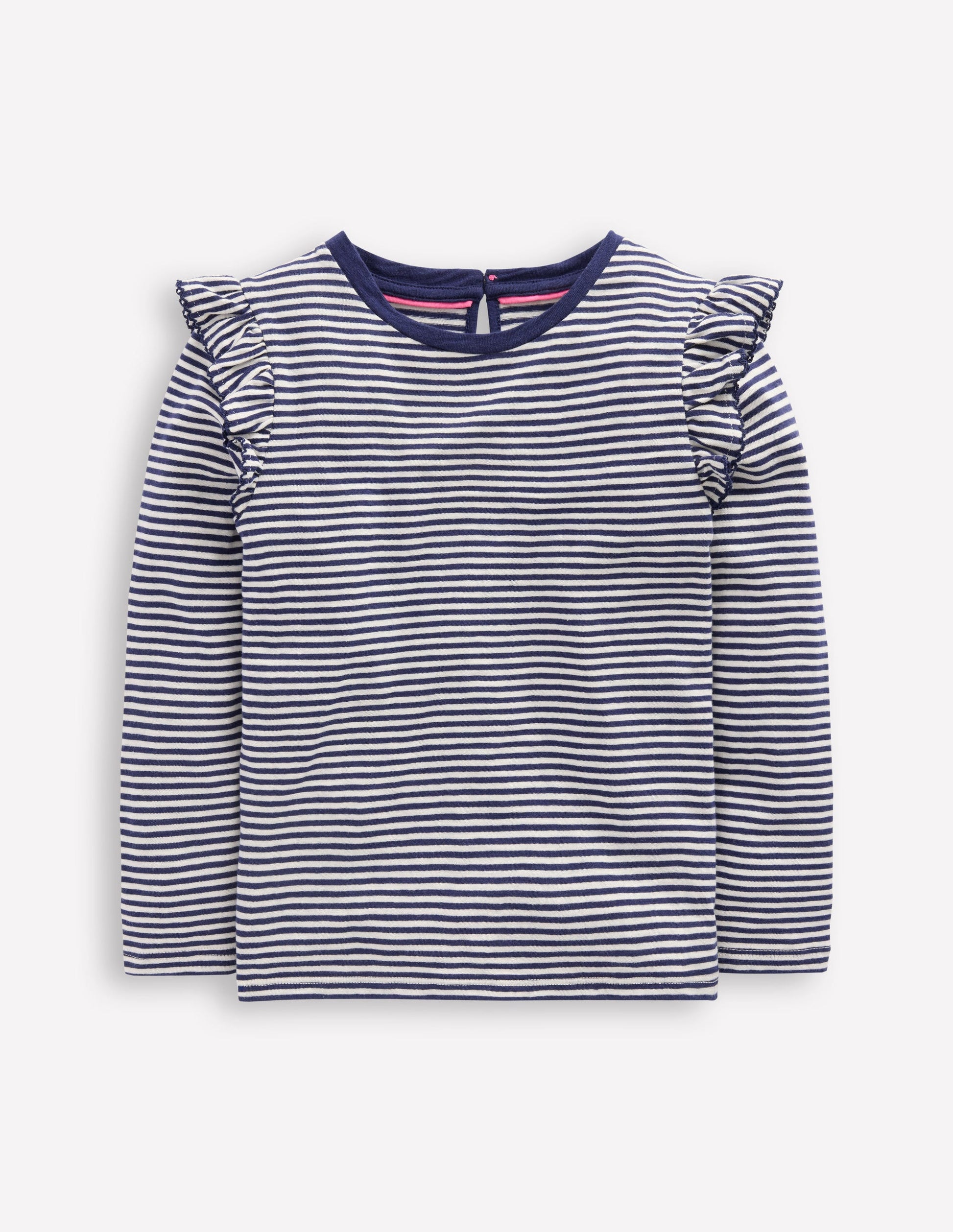 Frill Sleeve Slub Top-Soft Ivory/College Navy-5