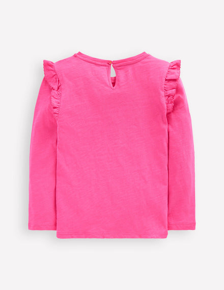 Frill Sleeve Slub Top-Sorbet Pink