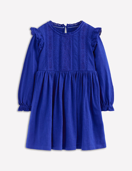 Lace Trim Jersey Dress-Bluejay