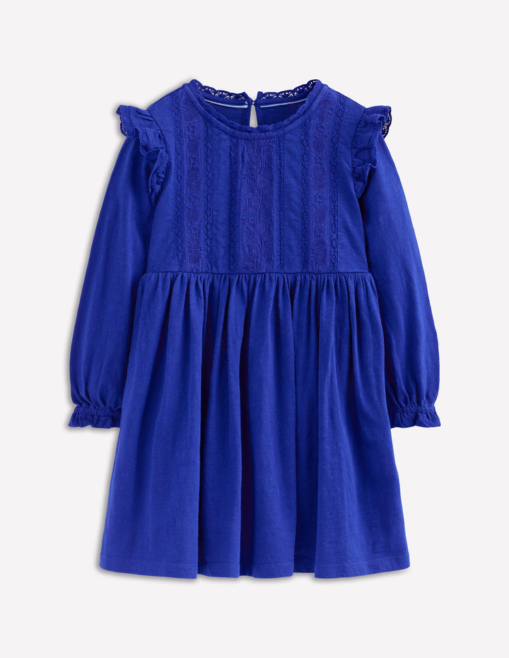 Lace Trim Jersey Dress-Bluejay