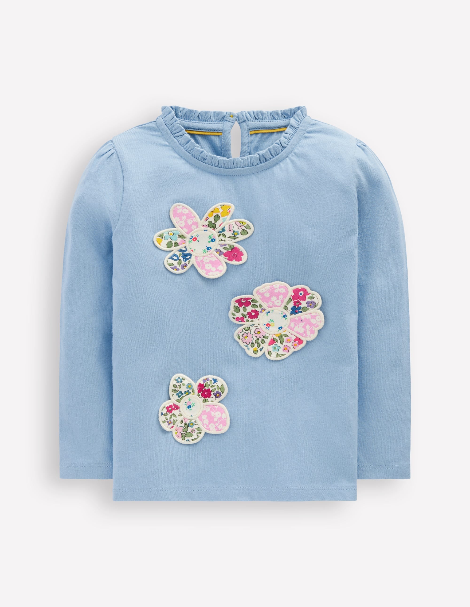 Frill Neck Appliqué T-shirt-Glacier Blue Flowers - Image 1