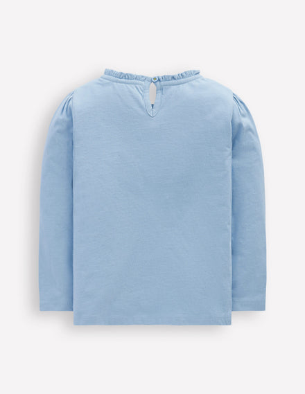 Frill Neck Appliqué T-shirt-Glacier Blue Flowers
