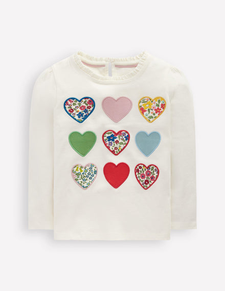 Frill Neck Appliqué T-shirt-Soft Ivory Hearts