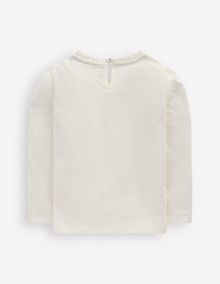 Frill Neck Appliqué T-shirt-Soft Ivory Hearts