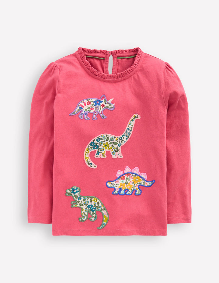 Frill Neck Appliqué T-shirt-Rose Pink Dinosaurs