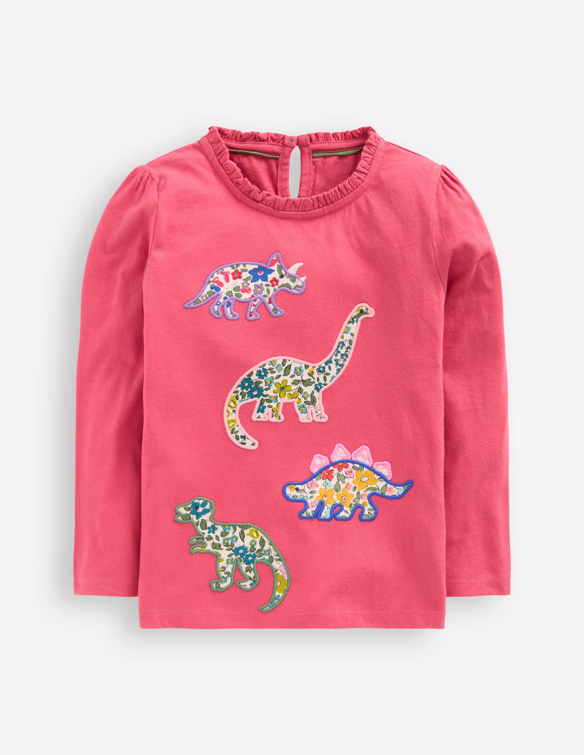 Frill Neck Appliqué T-shirt-Rose Pink Dinosaurs - Image 1
