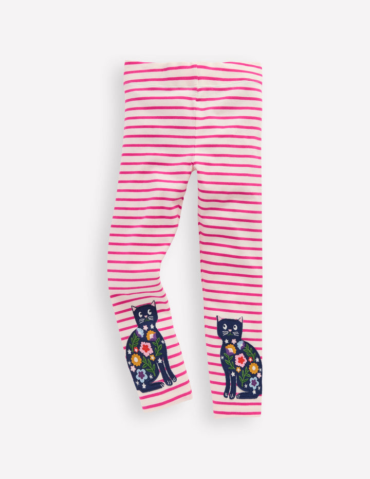 Appliqué Leggings-Soft Ivory/Raspberry Pink Cats