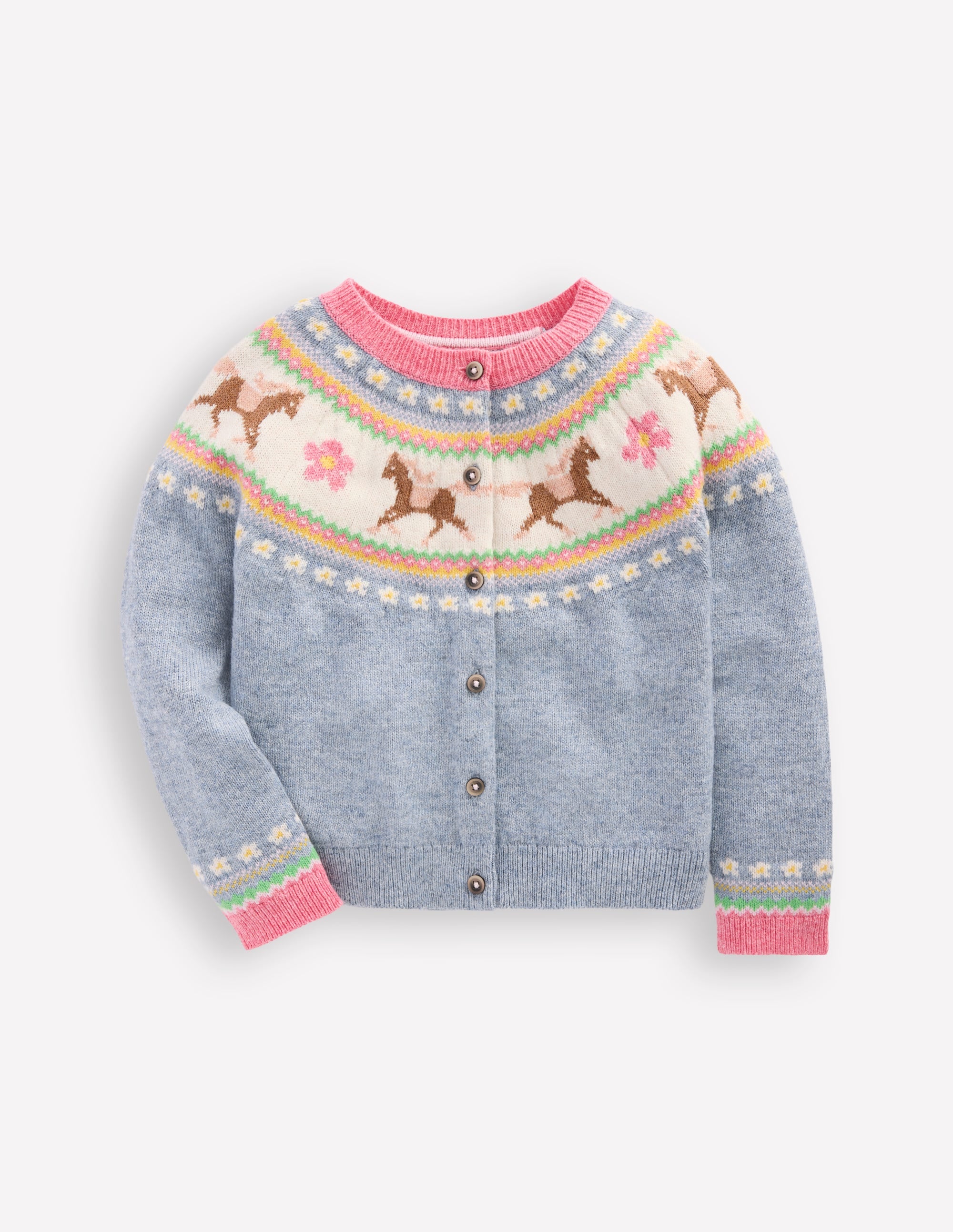 Edie Fair Isle Cardigan-Glacier Blue Marl Horses - Image 1