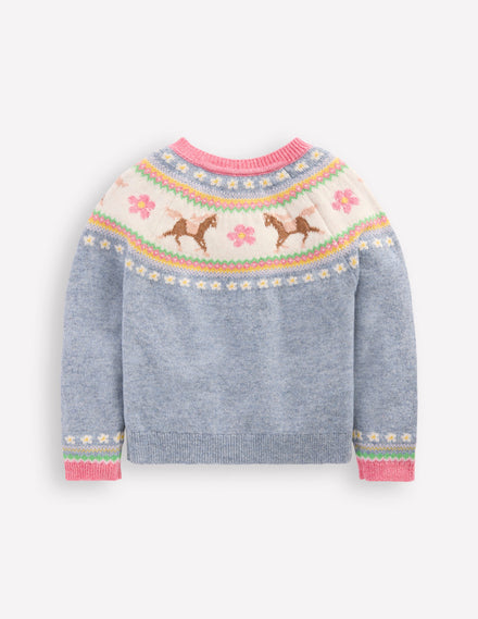 Edie Fair Isle Cardigan-Glacier Blue Marl Horses