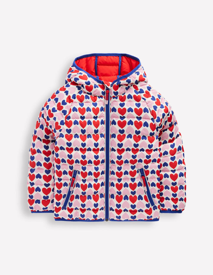 Pack-away Padded Jacket-Poppy Red Geo Heart