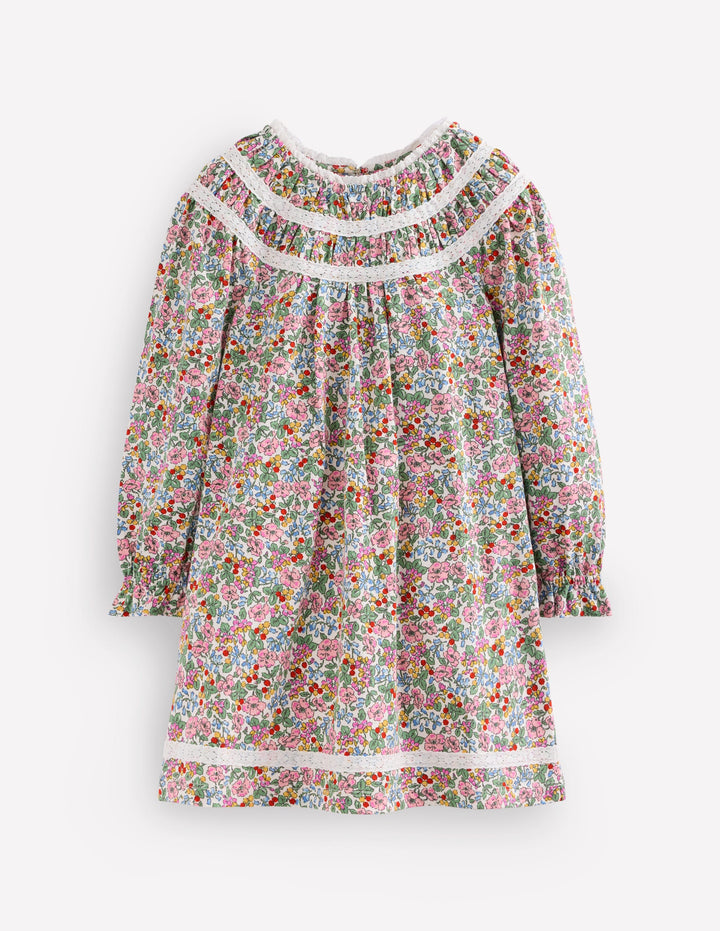 Pretty Lace Trim Jersey Dress-Soft Ivory Berry Floral