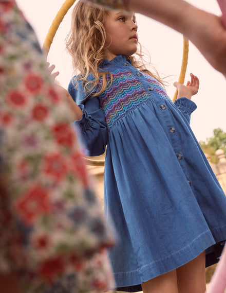 Suki Long Sleeve Smocked Dress-Mid Vintage Denim