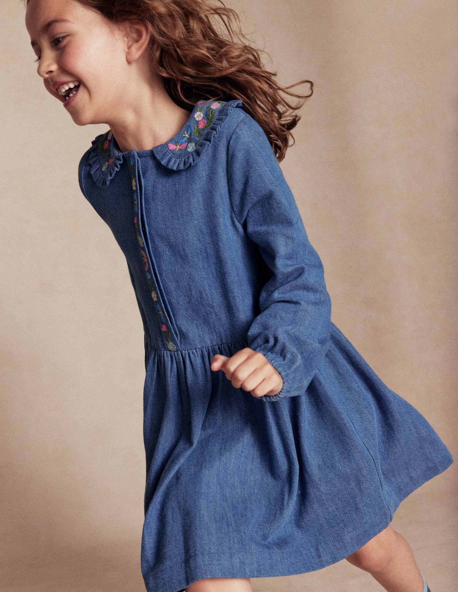 Denim Embroidered Collar Dress-Mid Vintage Denim-1