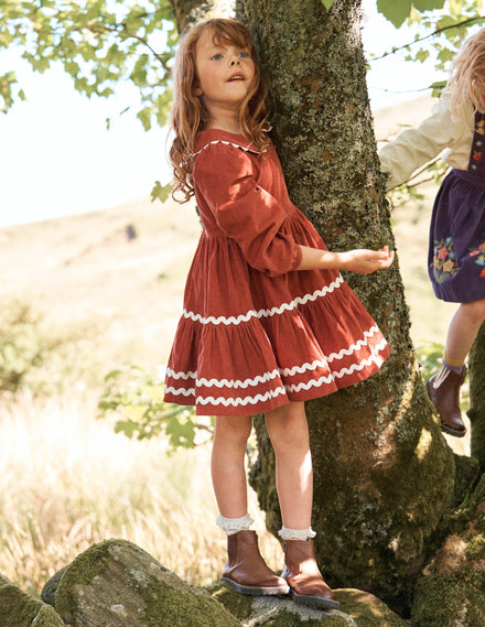 Cord Ric Rac Trim Dress-Roasted Chestnut Brown