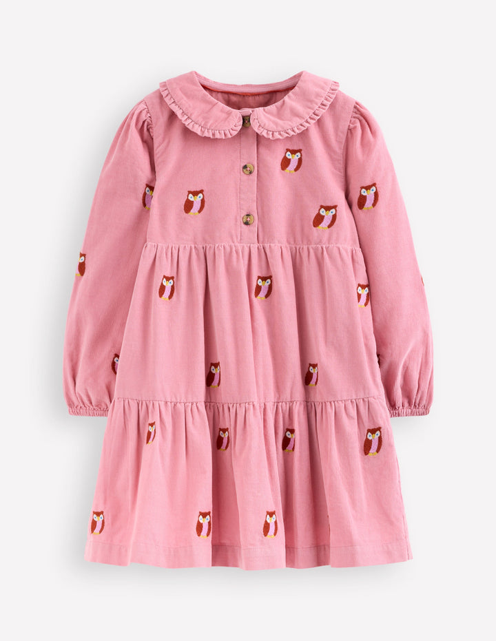 Minna Collared Woven Dress-Pink Owl Embroidery