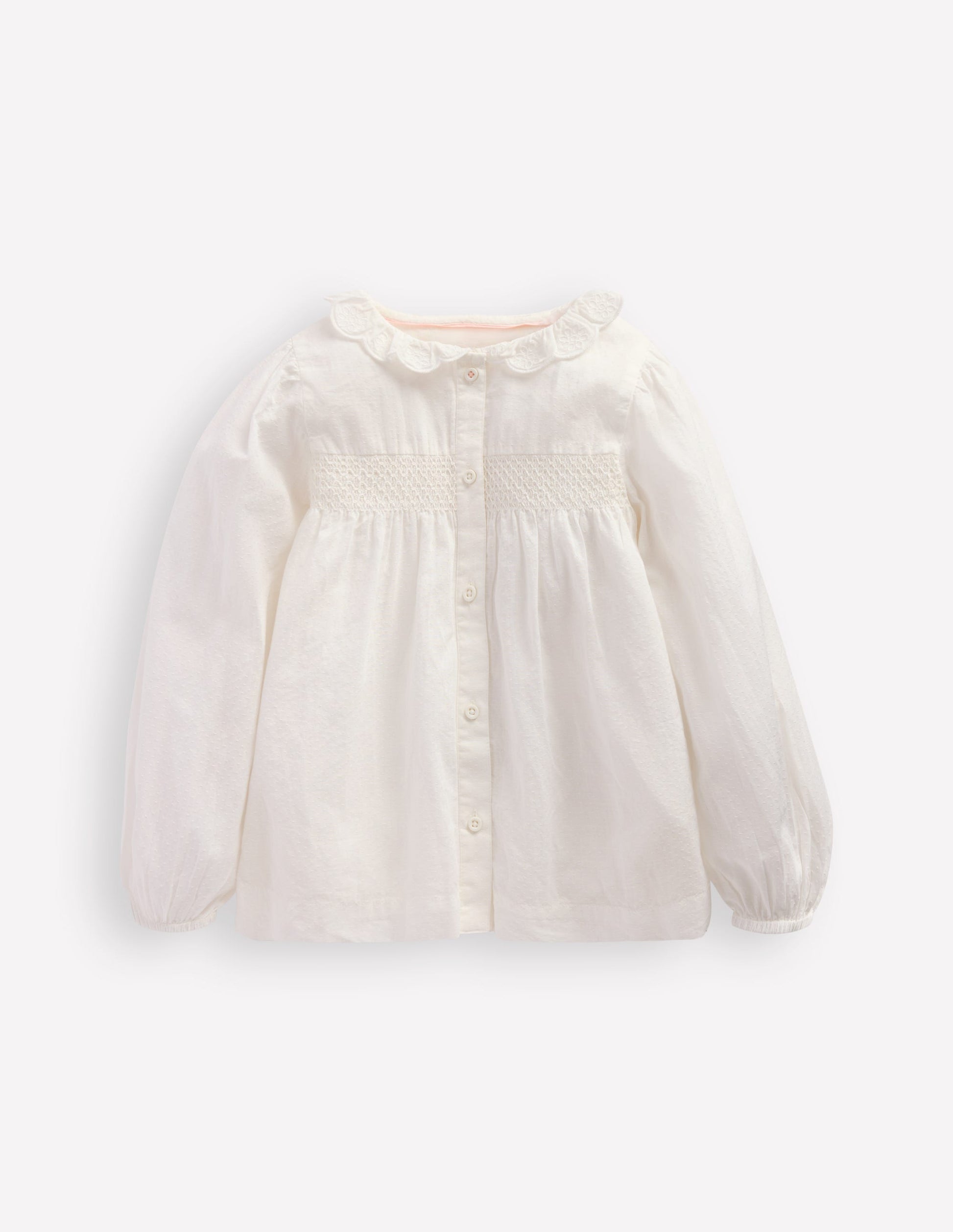 Scalloped Collar Smocked Shirt-Soft Ivory-2
