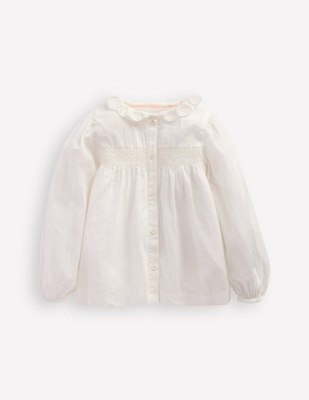 Scalloped Collar Smocked Shirt-Soft Ivory