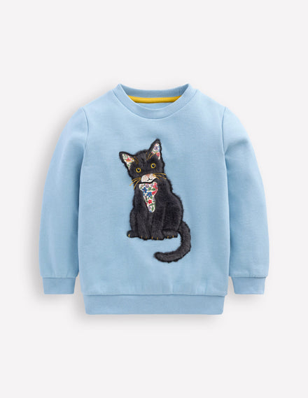 Applique Sweatshirt-Glacier Blue Cat