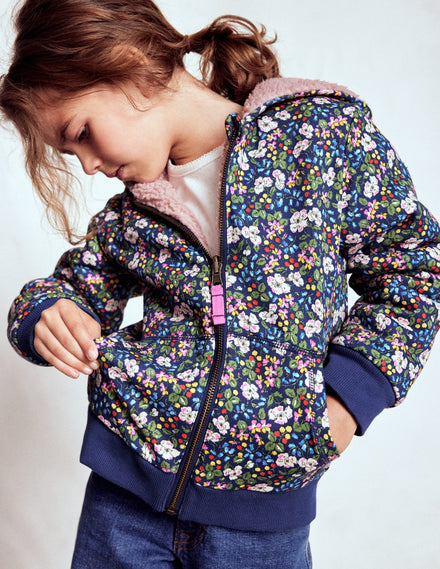 Reversible Borg Hoodie-Starboard Blue Berry Floral