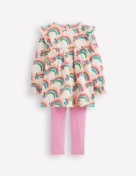 Printed Tunic Set-Oatmeal Marl Rainbow Hearts