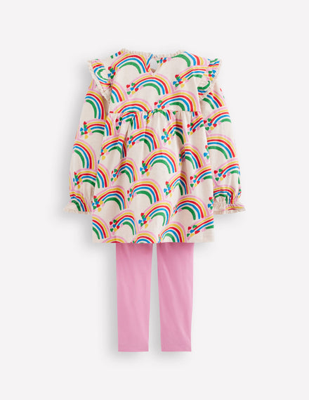 Printed Tunic Set-Oatmeal Marl Rainbow Hearts