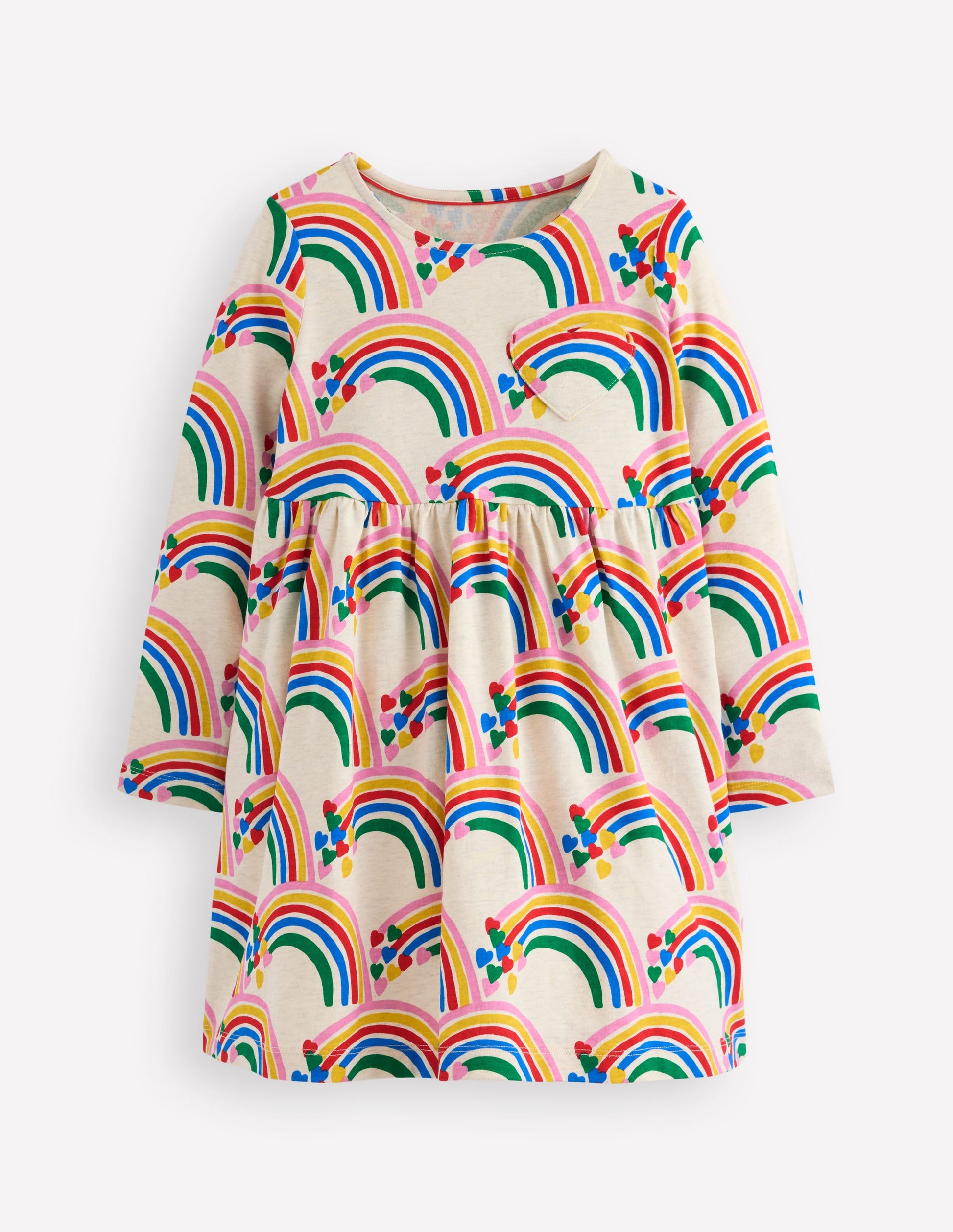 Heart Pocket Fun Jersey Dress-Oatmeal Marl Rainbow Hearts-2