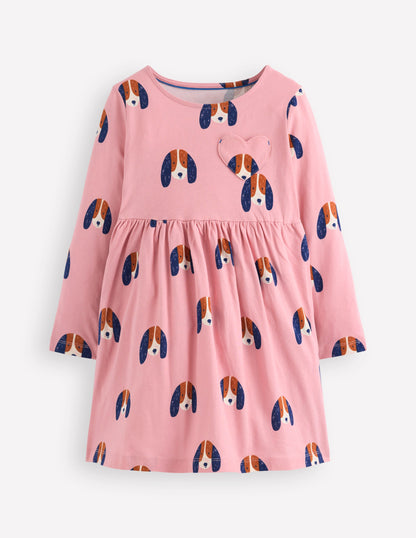 Heart Pocket Fun Jersey Dress-Vintage Pink Spaced Pups-1