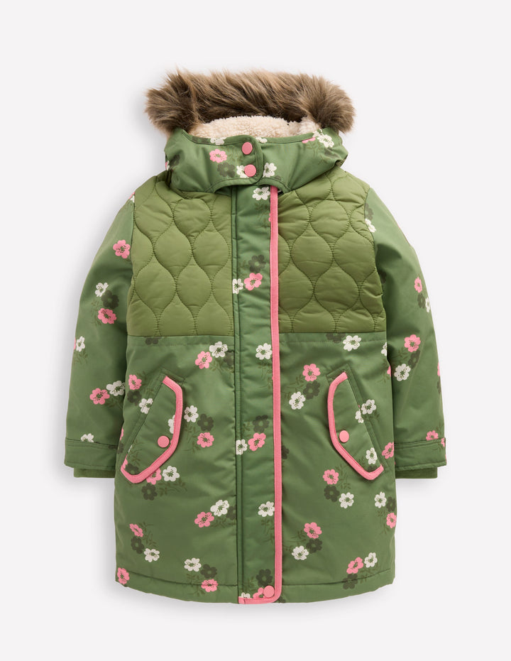 Joni Quilted Parka Coat-Green Floral