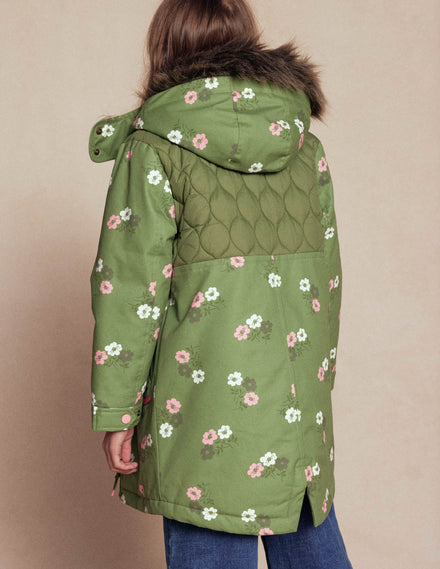 Joni Quilted Parka Coat-Green Floral