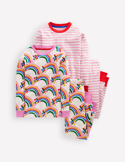 Twin Pack Snug Pyjamas-Oatmeal Marl Rainbow Hearts