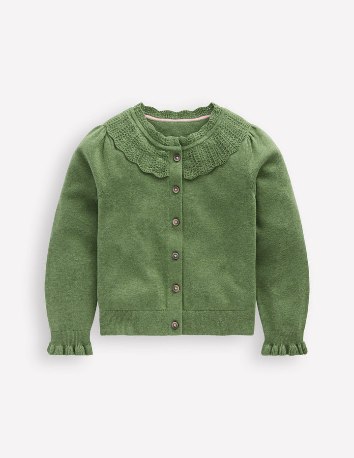 Pretty Ruffle Cardigan-Safari Green Marl