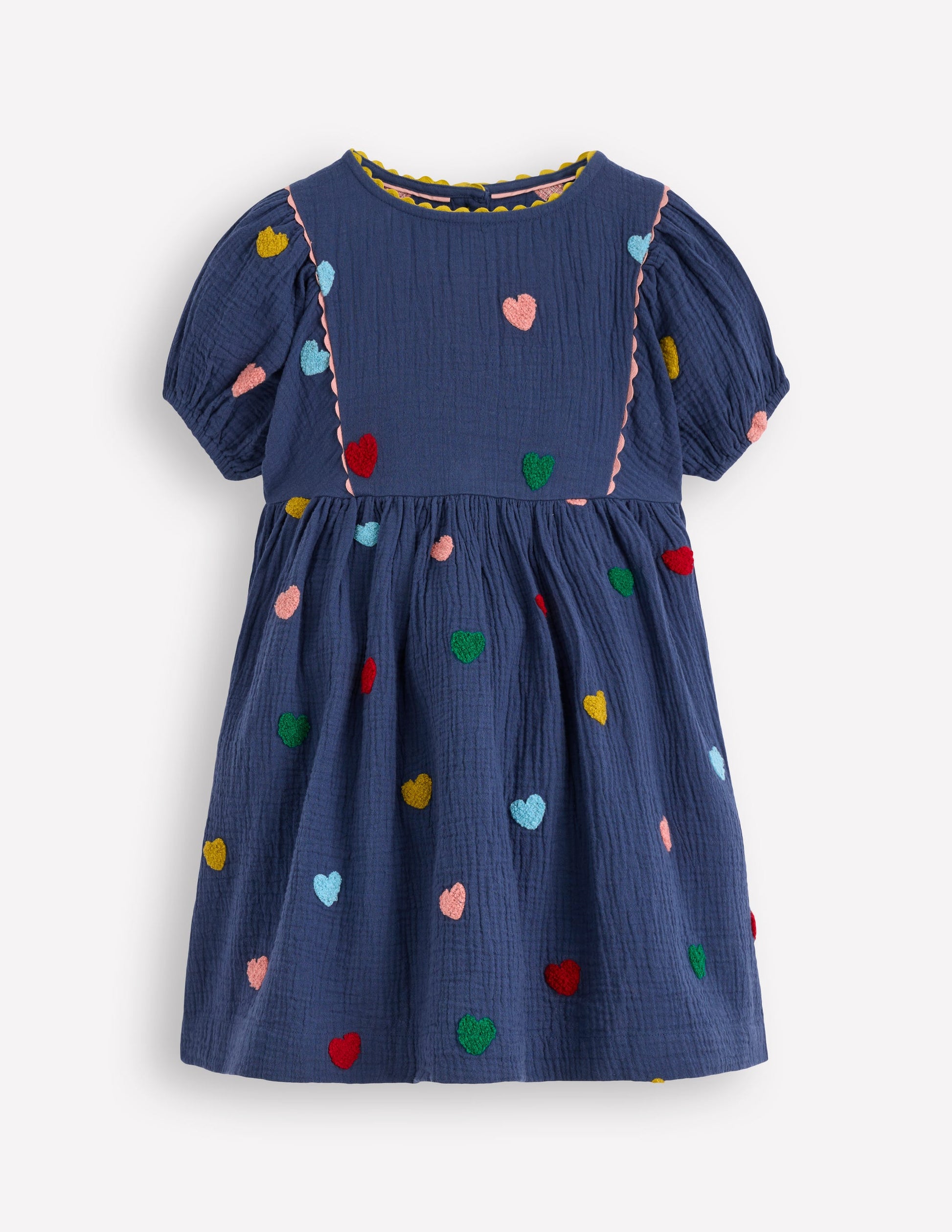 Puff Sleeve Double Cloth Dress-Starboard Blue Hearts-7