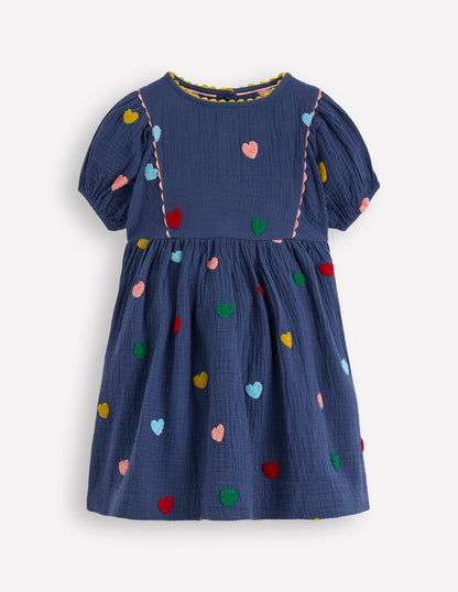 Puff Sleeve Double Cloth Dress-Starboard Blue Hearts-7