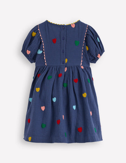Puff Sleeve Double Cloth Dress-Starboard Blue Hearts-8