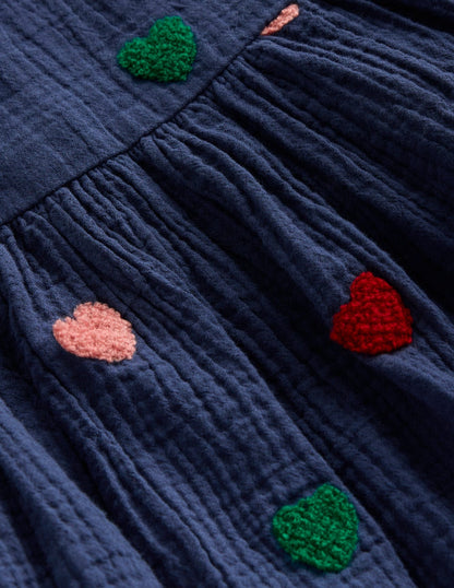 Puff Sleeve Double Cloth Dress-Starboard Blue Hearts-9