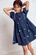 Puff Sleeve Double Cloth Dress-Starboard Blue Hearts