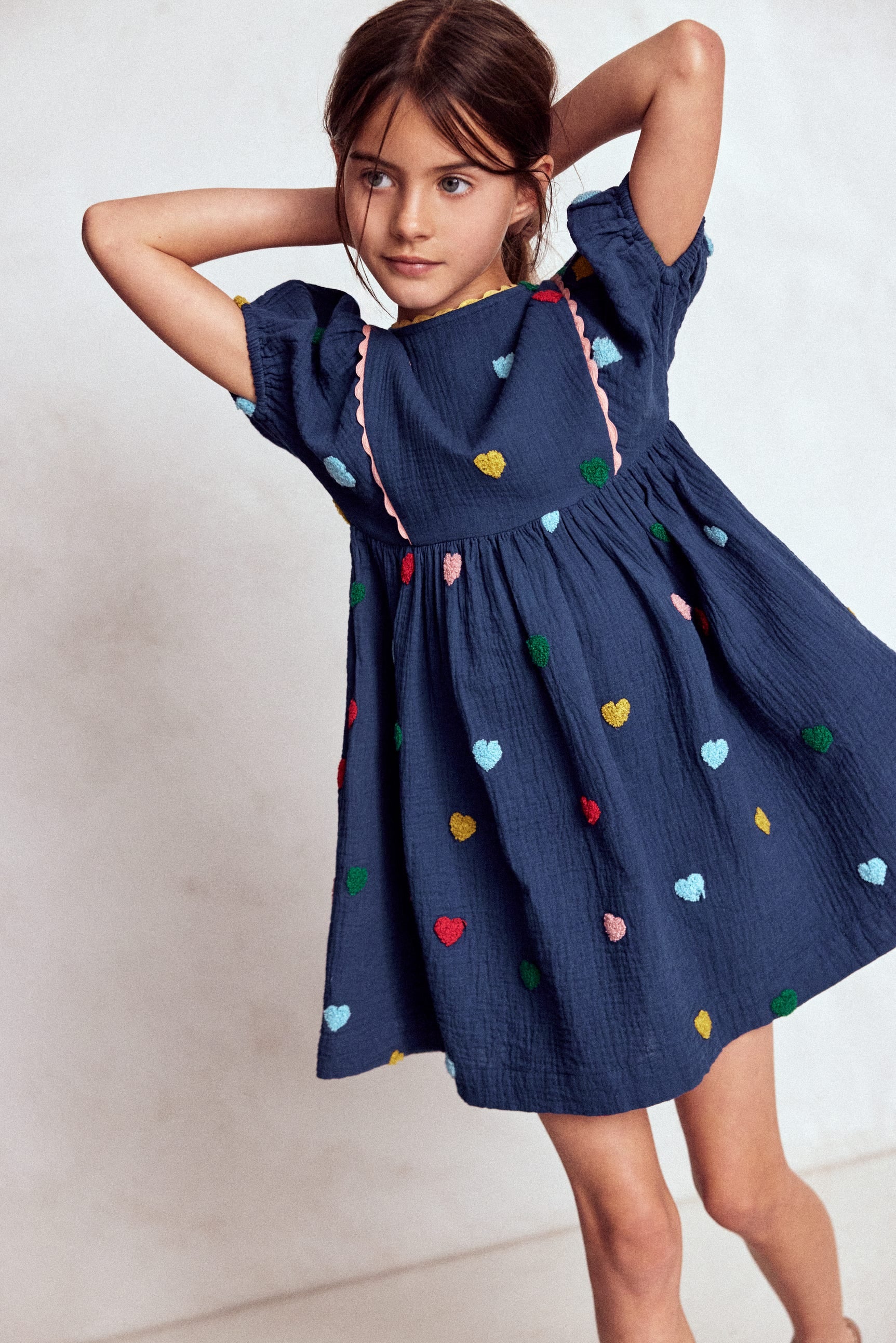Puff Sleeve Double Cloth Dress-Starboard Blue Hearts-2