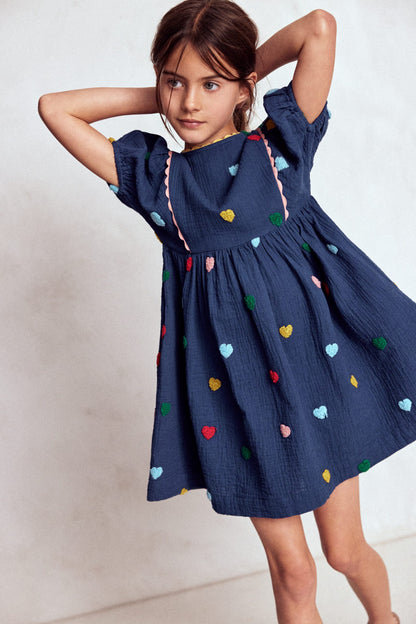 Puff Sleeve Double Cloth Dress-Starboard Blue Hearts-2