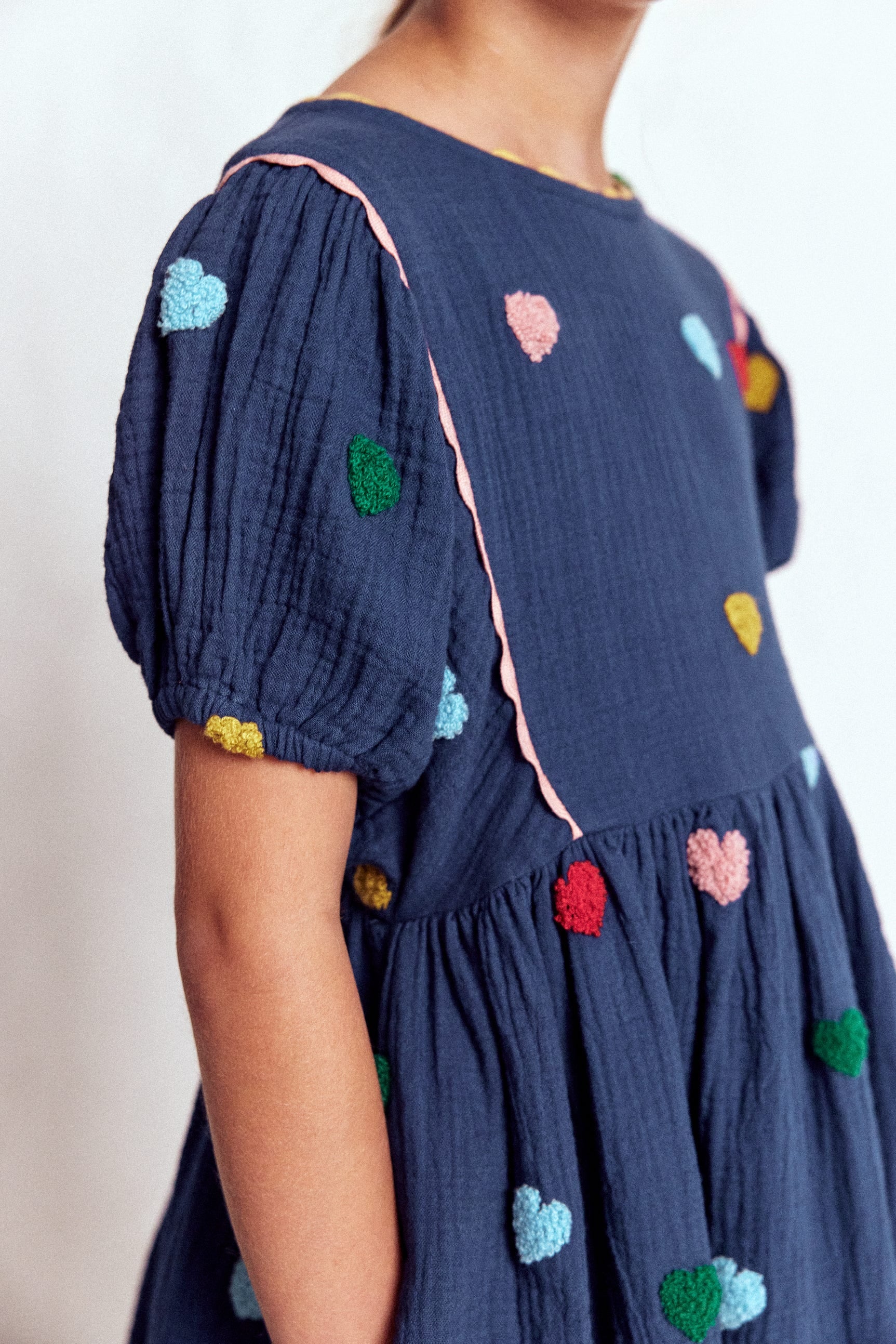 Puff Sleeve Double Cloth Dress-Starboard Blue Hearts-3